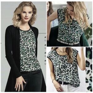 CAbi Cheetah Print Cap Sleeve with Green, Black, White Top XL